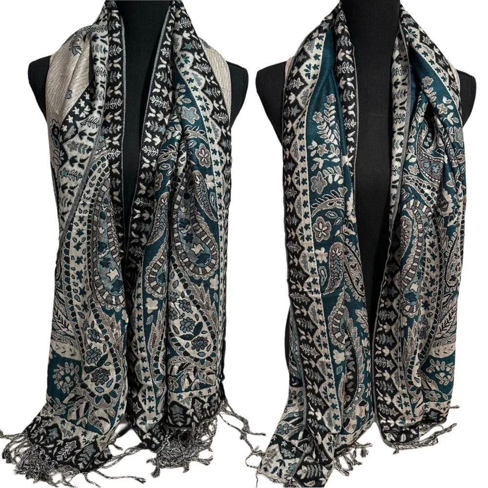 Elegant Shawl Wrap Scarf Double-Sided Super Soft Rayon Silver Emerald Green